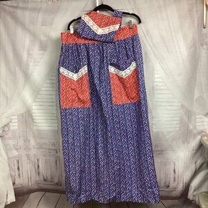 Vintage Apron Long Oversized Red Blue Floral